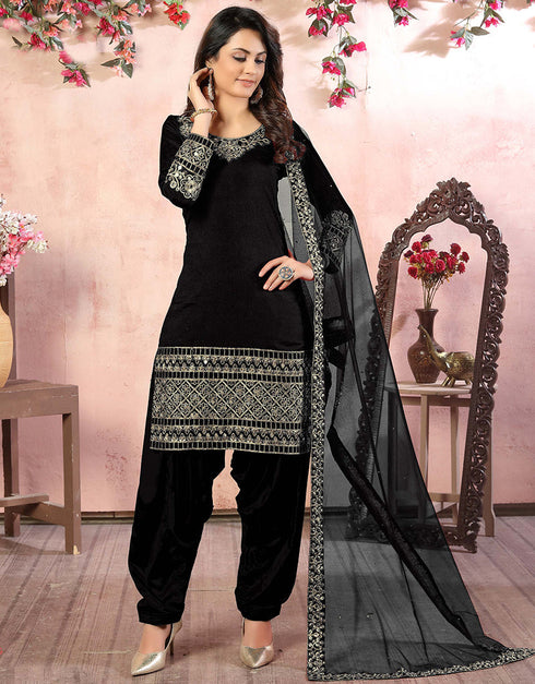 Traditional Function Wear Suit Collection Black Art Silk Patiyala Straight Close-up View