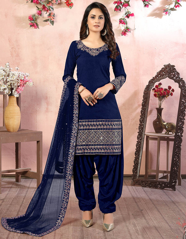 Traditional Function Wear Suit Collection Navy Blue Art Silk Patiyala Straight Front View