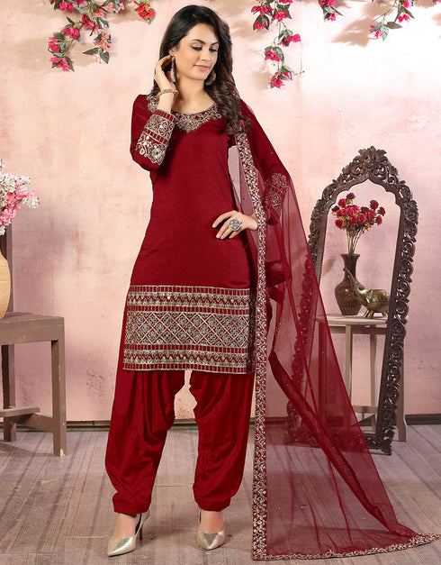Traditional Function Wear Suit Collection Maroon Art Silk Patiyala Straight Close-up View