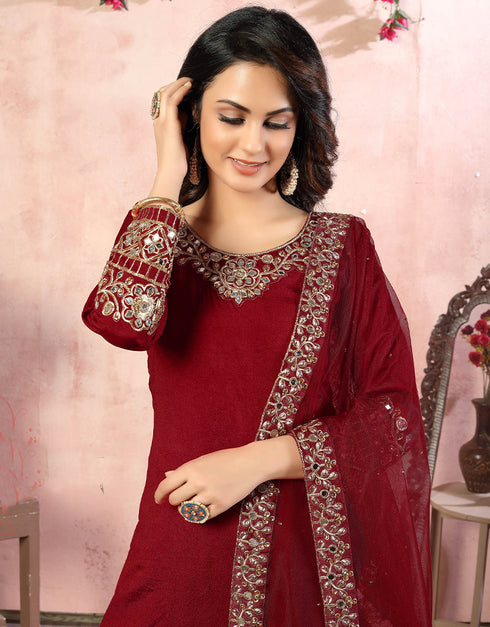 Traditional Function Wear Suit Collection Maroon Art Silk Patiyala Straight Back View