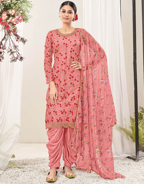 Traditional Function Wear Suit Collection Pink Net Patiyala Straight Close-up View