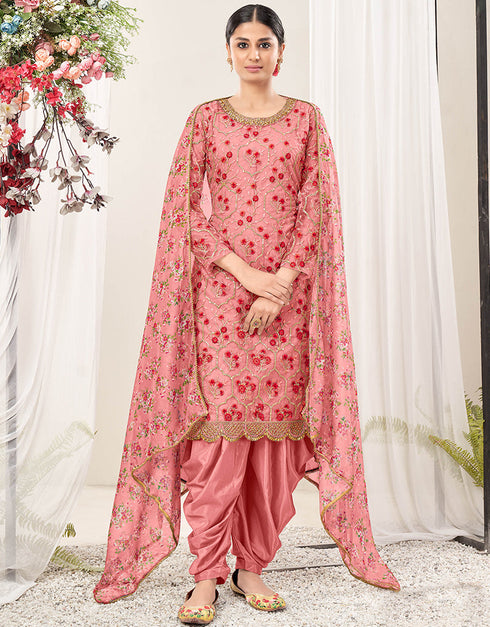 Traditional Function Wear Suit Collection Pink Net Patiyala Straight Front View