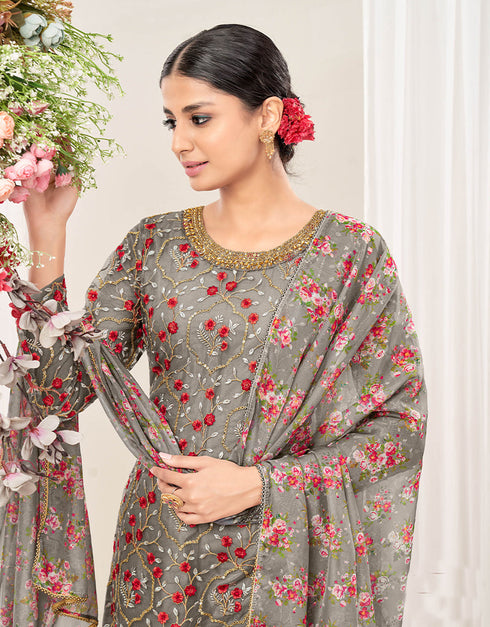 Traditional Function Wear Suit Collection Grey Net Patiyala Straight Back View