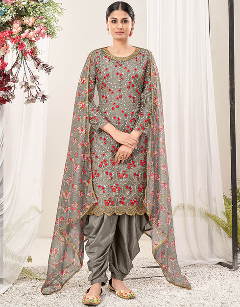 Traditional Function Wear Suit Collection Grey Net Patiyala Straight Front View
