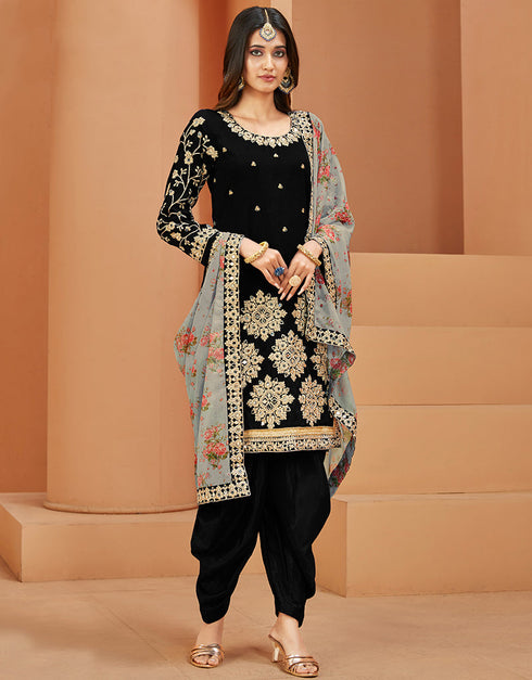 Traditional Function Wear Suit Collection Black Art Silk Patiyala Straight Close-up View