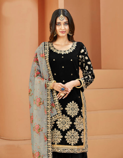 Traditional Function Wear Suit Collection Black Art Silk Patiyala Straight Back View