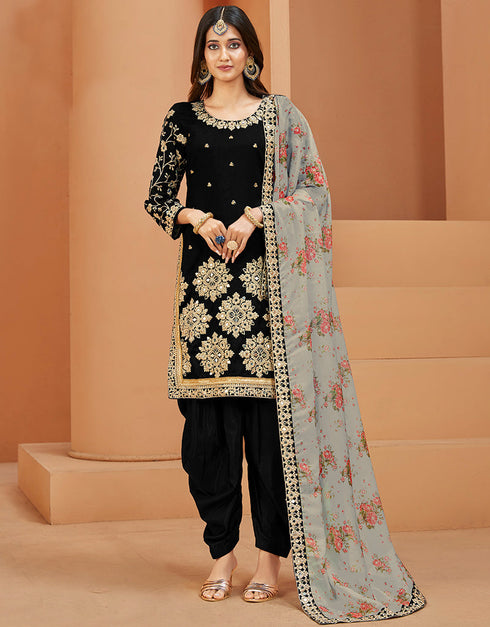 Traditional Function Wear Suit Collection Black Art Silk Patiyala Straight Front View
