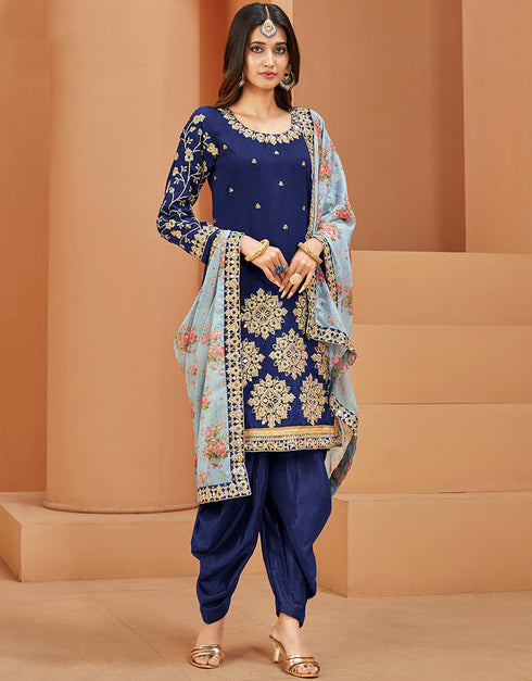 Traditional Function Wear Suit Collection Navy Blue Art Silk Patiyala Straight Close-up View