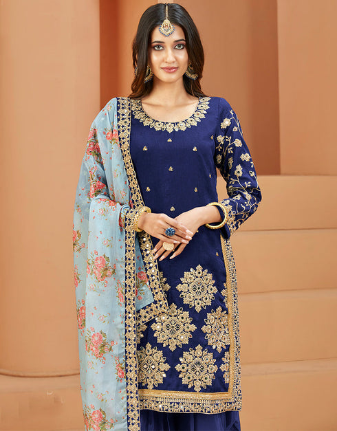 Traditional Function Wear Suit Collection Navy Blue Art Silk Patiyala Straight Back View