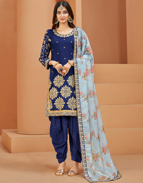 Traditional Function Wear Suit Collection Navy Blue Art Silk Patiyala Straight Front View