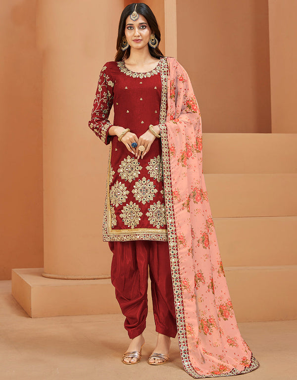 Traditional Function Wear Suit Collection Maroon Art Silk Patiyala Straight Front View