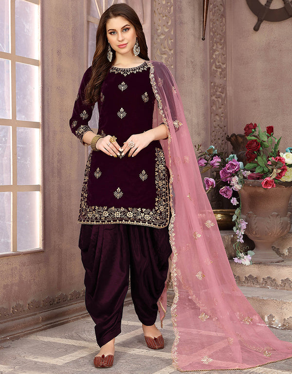 Traditional Function Wear Suit Collection Wine Velvet Patiyala Straight Front View