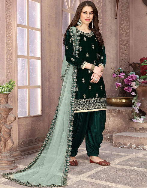 Traditional Function Wear Suit Collection Green Velvet Patiyala Straight Front View