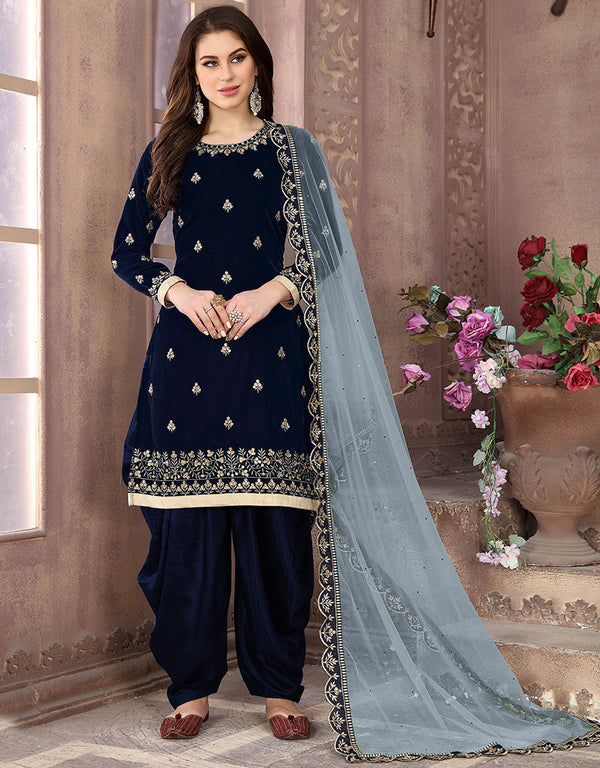 Traditional Function Wear Suit Collection Navy Blue Velvet Patiyala Straight Front View