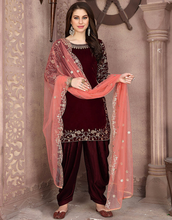 Traditional Function Wear Suit Collection Maroon Velvet Patiyala Straight Front View