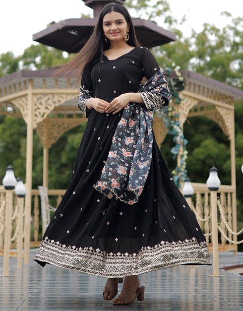 Designer Party Wear Heavy Readymade Gown With Dupatta Collection Black Faux Blooming Georgette Gown Close-up View