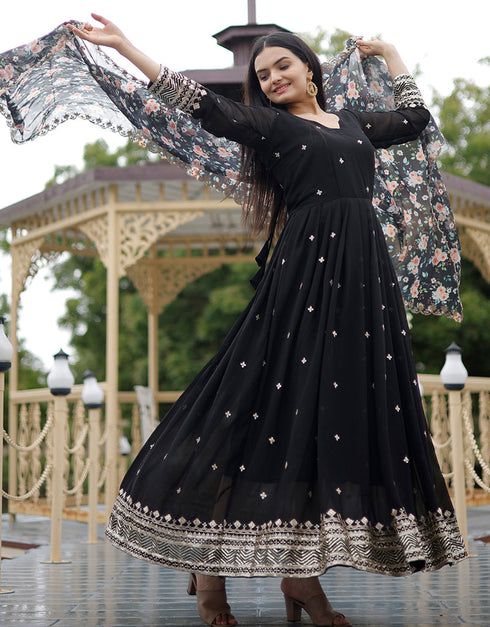 Designer Party Wear Heavy Readymade Gown With Dupatta Collection Black Faux Blooming Georgette Gown Back View