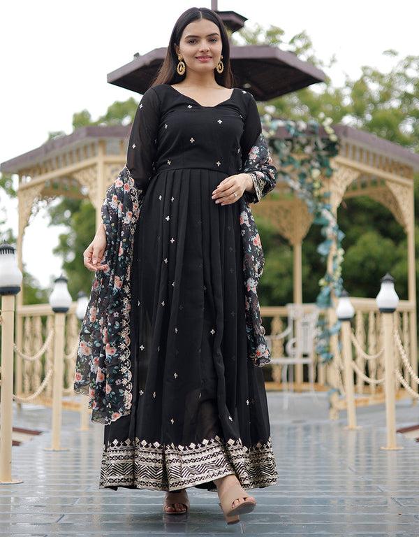 Designer Party Wear Heavy Readymade Gown With Dupatta Collection Black Faux Blooming Georgette Gown Front View