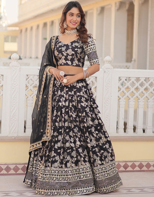 Traditional Designear Party Wear Heavy Lehenga Choli Collection Black Viscose Jacquard Lehenga Choli Close-up View