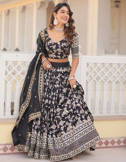 Traditional Designear Party Wear Heavy Lehenga Choli Collection Black Viscose Jacquard Lehenga Choli Back View