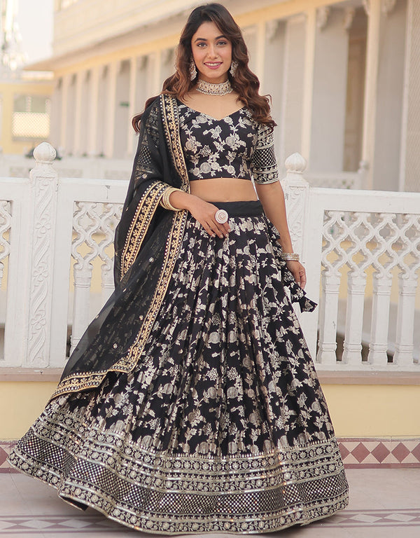 Traditional Designear Party Wear Heavy Lehenga Choli Collection Black Viscose Jacquard Lehenga Choli Front View