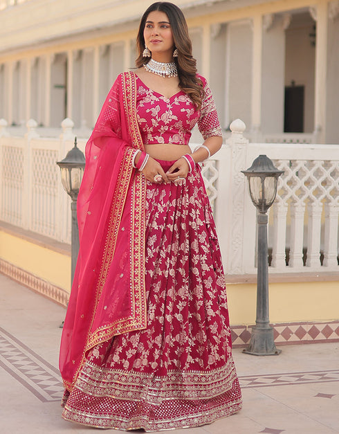 Traditional Designear Party Wear Heavy Lehenga Choli Collection Pink Viscose Jacquard Lehenga Choli Close-up View