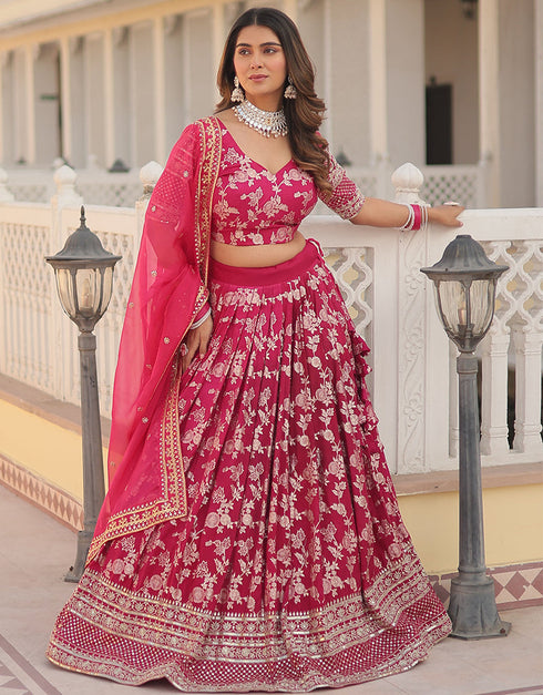 Traditional Designear Party Wear Heavy Lehenga Choli Collection Pink Viscose Jacquard Lehenga Choli Back View