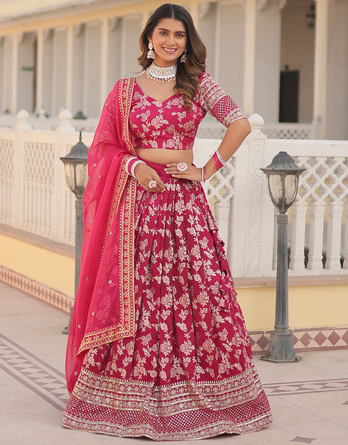 Traditional Designear Party Wear Heavy Lehenga Choli Collection Pink Viscose Jacquard Lehenga Choli Front View