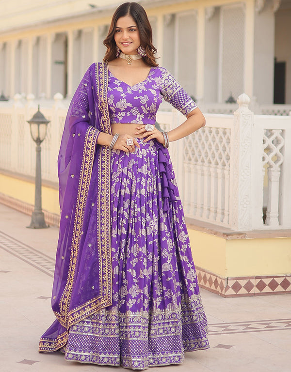 Traditional Designear Party Wear Heavy Lehenga Choli Collection Purple Viscose Jacquard Lehenga Choli Front View