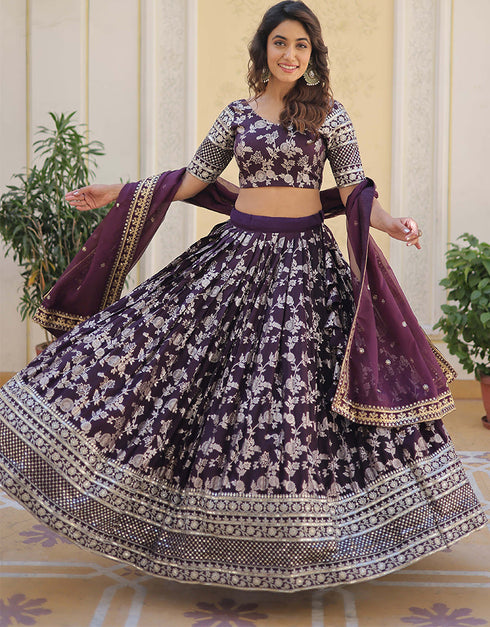 Traditional Designear Party Wear Heavy Lehenga Choli Collection Wine Viscose Jacquard Lehenga Choli Close-up View