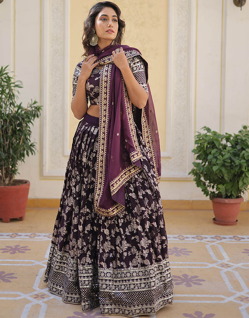 Traditional Designear Party Wear Heavy Lehenga Choli Collection Wine Viscose Jacquard Lehenga Choli Back View