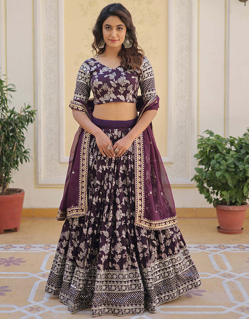 Traditional Designear Party Wear Heavy Lehenga Choli Collection Wine Viscose Jacquard Lehenga Choli Front View