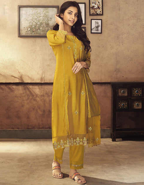 Traditional Function Wear Viscose Readymade Suit Collection Mustard Viscose Pant Straight Close-up View