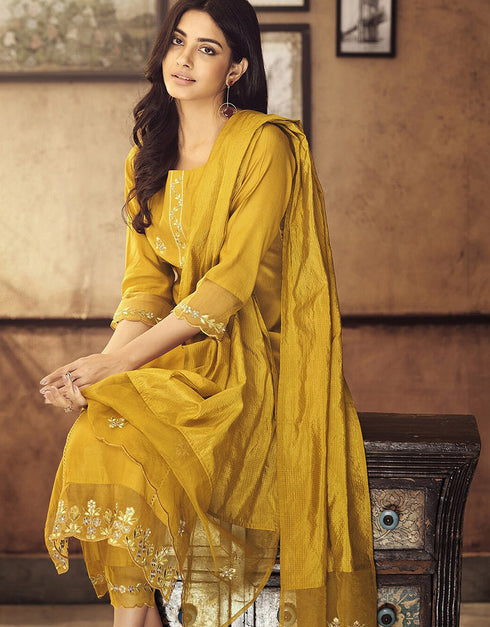 Traditional Function Wear Viscose Readymade Suit Collection Mustard Viscose Pant Straight Back View