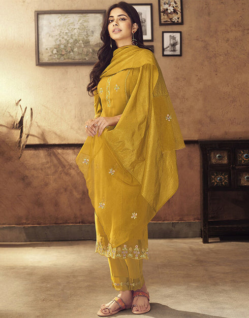 Traditional Function Wear Viscose Readymade Suit Collection Mustard Viscose Pant Straight Front View