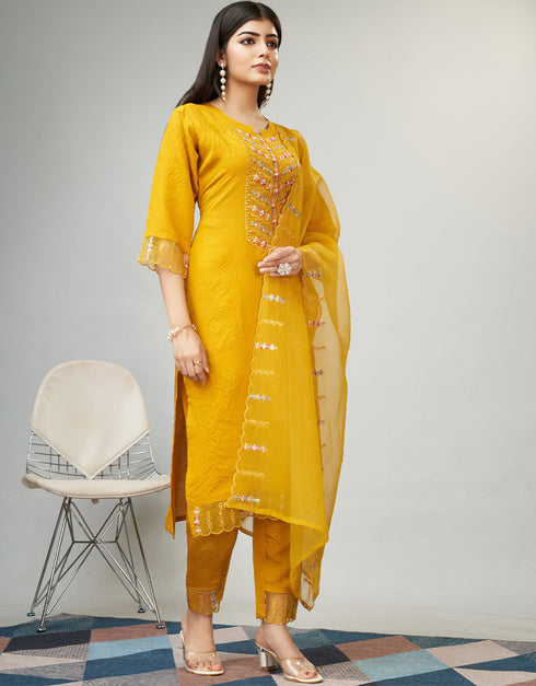 Traditional Function Wear Viscose Readymade Suit Collection Mustard Viscose Pant Straight Close-up View
