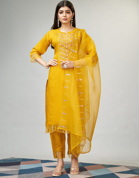 Traditional Function Wear Viscose Readymade Suit Collection Mustard Viscose Pant Straight Front View