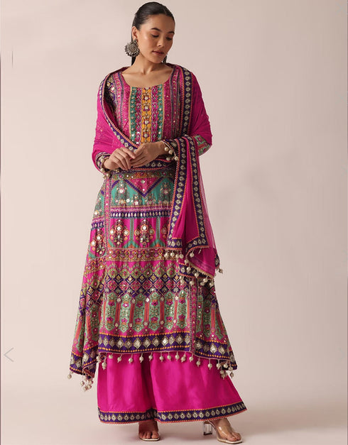 Traditional Function Wear Heavy Readymade Suit Collection Rani Pink Heavy Muslin Palazzo Straight Front View