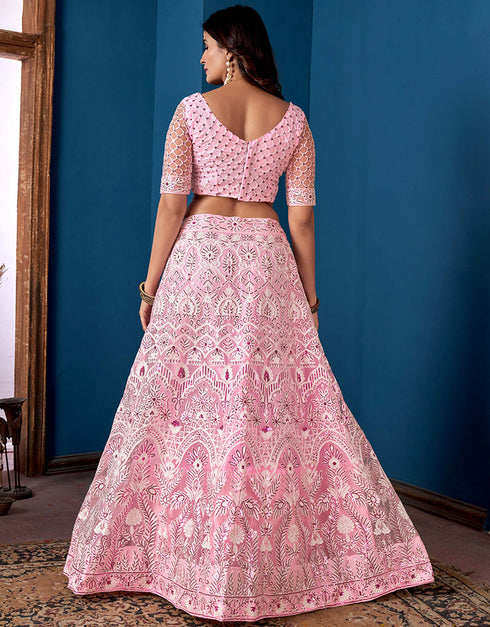 Traditional Function Wear Net Lehenga Choli Pink Net Lehenga Choli Close-up View