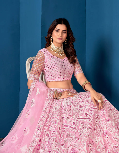 Traditional Function Wear Net Lehenga Choli Pink Net Lehenga Choli Back View