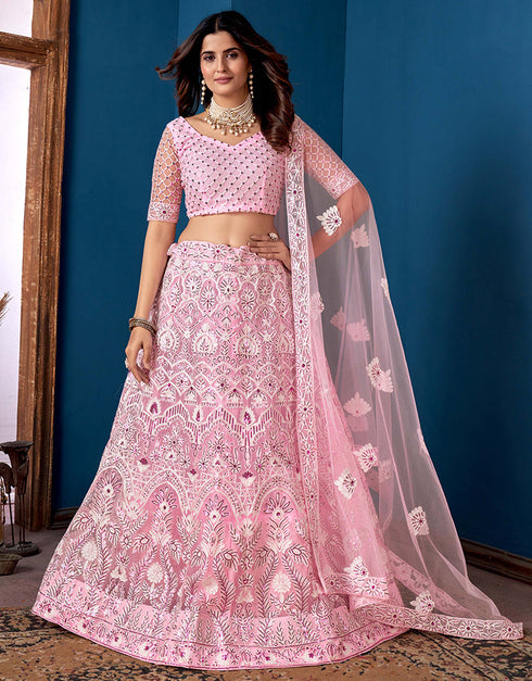 Traditional Function Wear Net Lehenga Choli Pink Net Lehenga Choli Front View