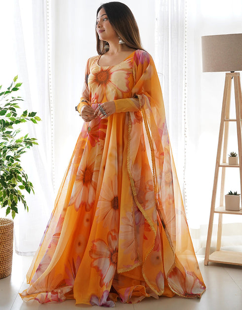 Designer Party Wear Heavy Readymade Gown With Dupatta Collection Mustard Organza Tabby Silk Gown Back View