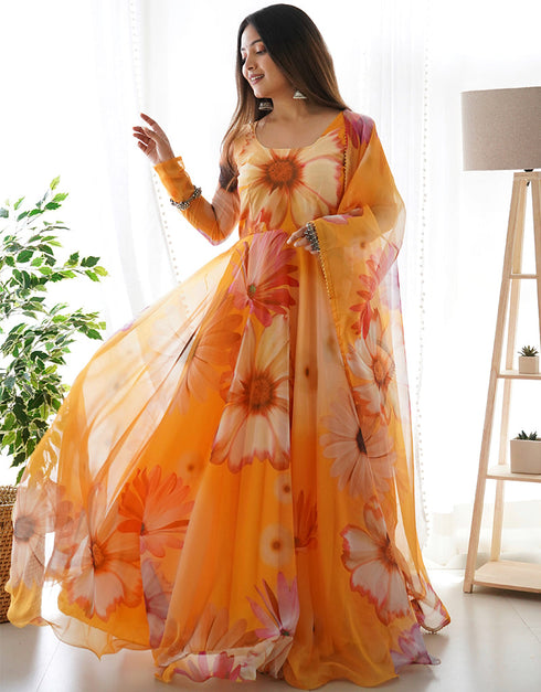 Designer Party Wear Heavy Readymade Gown With Dupatta Collection Mustard Organza Tabby Silk Gown Front View