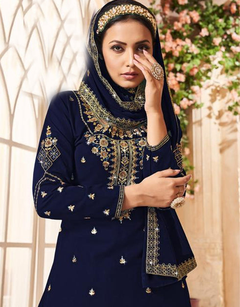Traditional Function Wear Heavy Georgette Suit Collection Navy Bule Georgette Lehenga Suit Close-up View