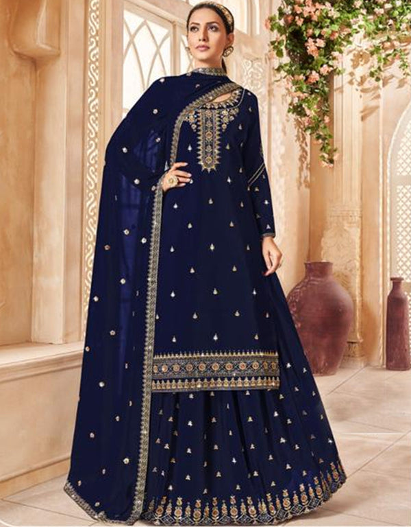 Traditional Function Wear Heavy Georgette Suit Collection Navy Bule Georgette Lehenga Suit Front View