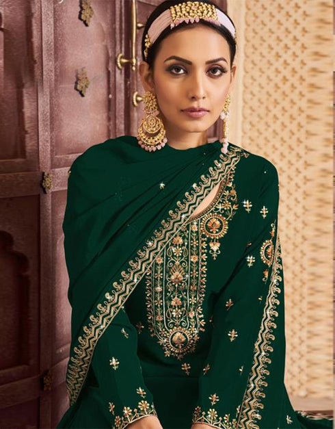 Traditional Function Wear Heavy Georgette Suit Collection Green Georgette Lehenga Suit Close-up View