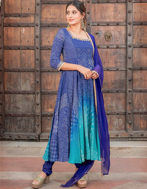 Traditional Function Wear Readymade Anarkali Suit Collection Navy Blue Heavy Muslin Pant Anarkali Close-up View