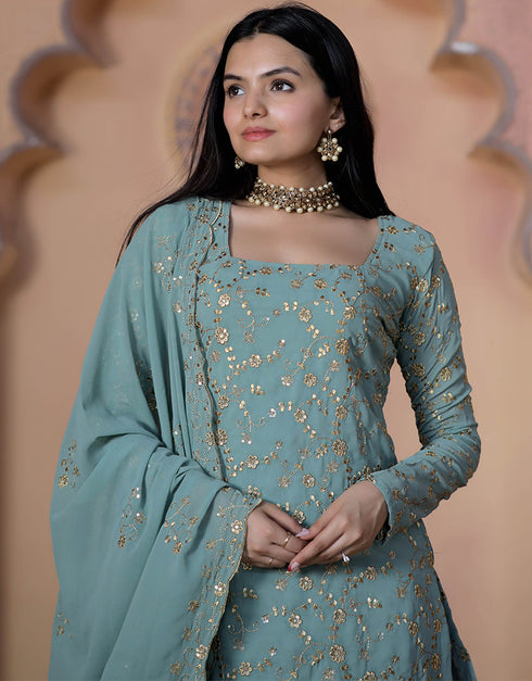 Traditional Function Wear Readymade Suit Collection Mint Faux Georgette Sarara Suit Back View