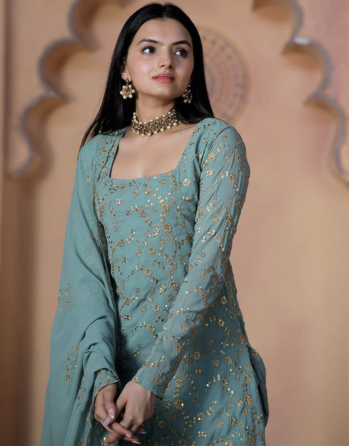 Traditional Function Wear Readymade Suit Collection Mint Faux Georgette Sarara Suit Front View