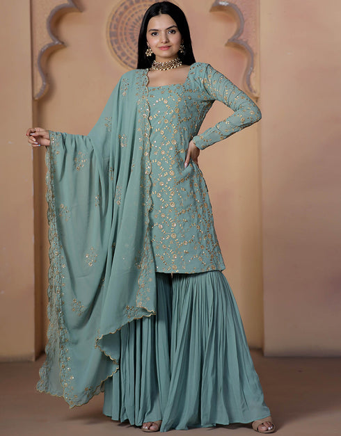 Traditional Function Wear Readymade Suit Collection Mint Faux Georgette Sarara Suit Front View